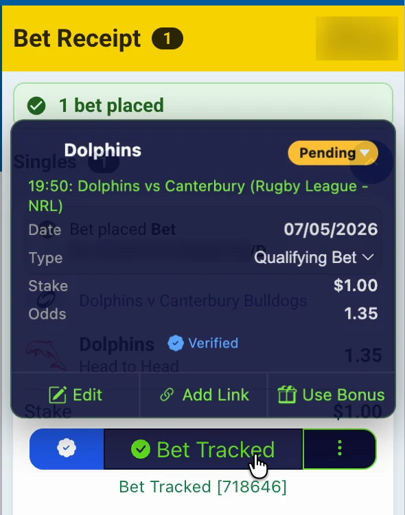 The BetTrackr extension tracking a bet on a Sportsbet bet slip