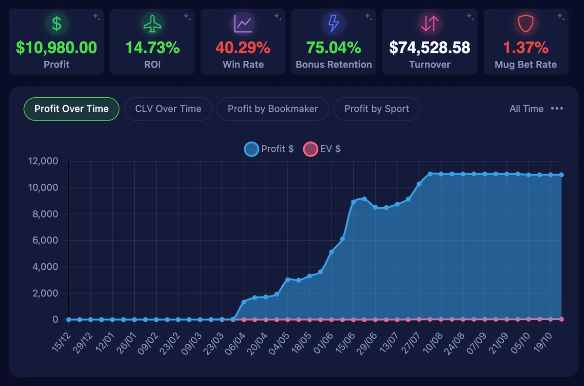 The BetTrackr dashboard: profit, ROI, turnover and profit over time