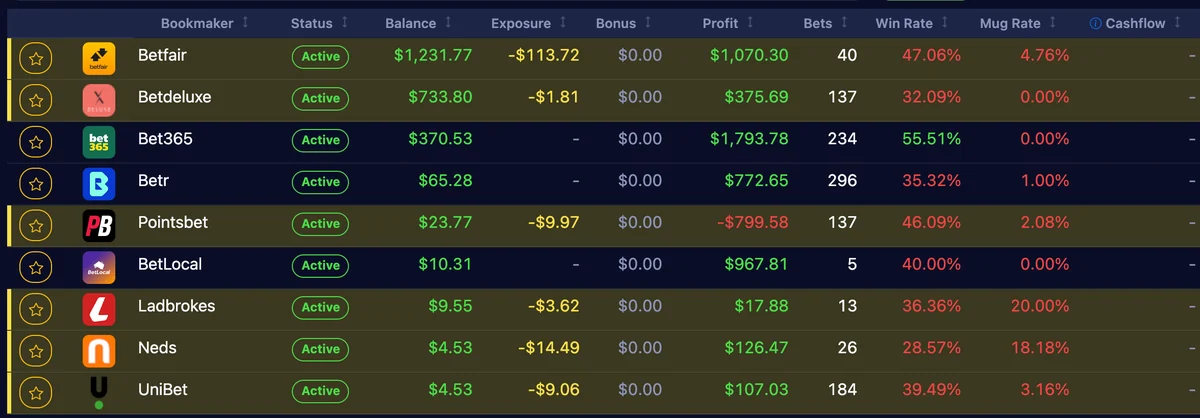 Bookmaker accounts with balance, profit, win rate and mug bet rate